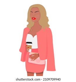 Flat illustration of a Stylish blonde girl with coffee, in fashionable clothes, with a bag, beauty and fashion, flat style, print for textiles, t-shirt, print for a postcard or poster. fashion