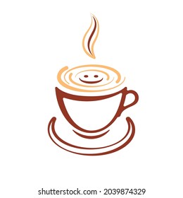 Flat illustration of stylized cup of coffee with a foam smile on white background. Made in brown tones. Idea for a print on clothes, poster, sticker, web design and so on.