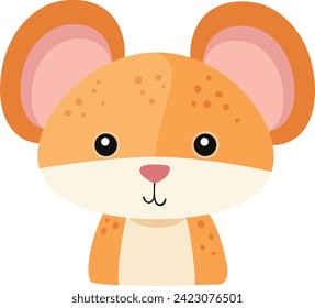 Flat illustration of a stylized cute little mouse. Cartoon smiling mouse, cute character for children. Vector illustration of an animal. Close-up of a mouse's muzzle