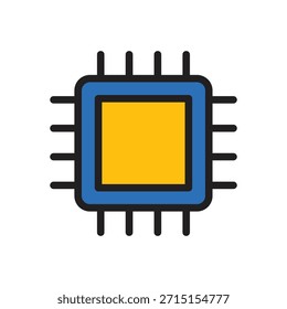 Ilustración plana de un microchip estilizado con núcleo amarillo y borde azul, ideal para electrónica, computación y gráficos de interfaz de tecnología.