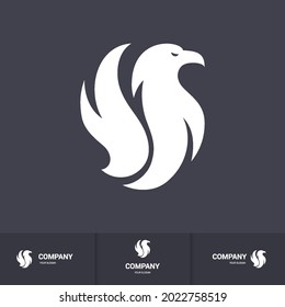 Flat Illustration of Stylized Monochrome Flaming Phoenix or Falcon, Eagle Bird Logo. Modern Professional Hawk Logo Design. Phoenix Head Logo Illustration on Dark Background