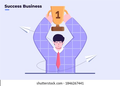 Flat illustration success business, employee successful, business mission reaches, office worker happy, champion cup, winning business, victory winner.