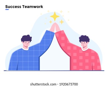Flat illustration Success Team Work, Success and got achievement business team, Successful team work together, winner teamwork, Winning Trophy achievement, Business People Celebrating Victory.