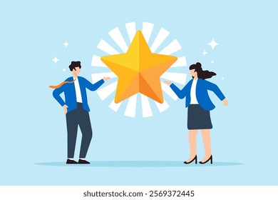 Flat illustration of successful businessman and businesswoman stand with star award symbolizing professional recognition