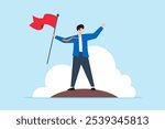 Flat illustration of successful businessman raising winning red flag mission accomplishment and business triumph success achievement leadership victory in competition challenge