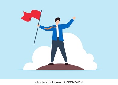 Flat illustration of successful businessman raising winning red flag mission accomplishment and business triumph success achievement leadership victory in competition challenge