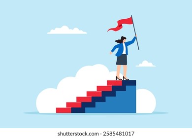 Flat illustration of successful businesswoman stand on top of career staircase holding winning flag