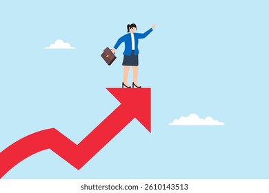 Flat illustration of successful businesswoman stand on growth arrow pointing toward bright future