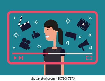 Flat illustration of successful video blogger. Girl with video frame and video theme icons - camera, clapper, film, like and other.