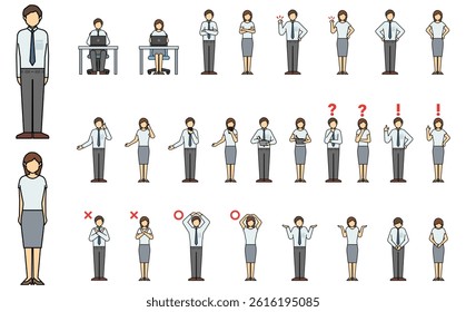 Flat illustration: Suit men and women front outline (summer clothes)