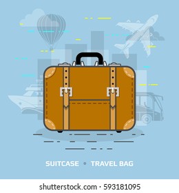 Flat illustration of suitcase against blue background. Flat design of travel bag, front view. Vector illustration