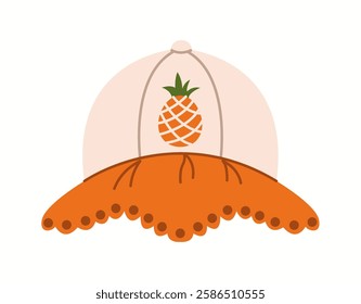 Flat illustration of a summer bucket hat featuring a pineapple print and a wavy orange brim, perfect for tropical and beach adventures.