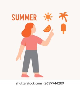 Flat Illustration Summer Concept Woman Pointing at Summer Icons Elements