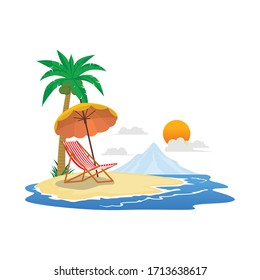 flat illustration summer holiday on beach with palm trees motorcycle, picnic car and blue water