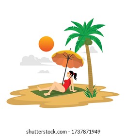 Flat Illustration Summer Holiday On Beach With Palm Trees Motorcycle, Picnic Car And Blue Ocean Water