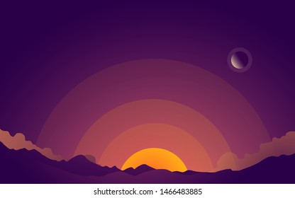 flat illustration of a sunrise between the beautiful mountains. vector illustration with gradient color. for background, website, card, and wallpaper. - Shutterstock ID 1466483885