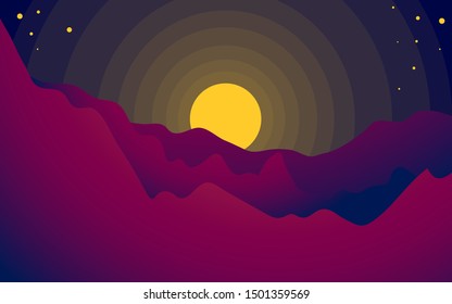 flat illustration of a sunrise between the beautiful mountains. vector illustration with gradient color. for background, website, card, and wallpaper.