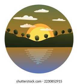 flat illustration of sunrise between beautiful mountains and sea. vector illustration with gradient colors. for backgrounds, websites, cards and wallpapers.