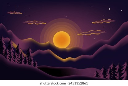 flat illustration of a sunrise between the beautiful mountains. vector illustration with gradient color. for background  website  card  and wallpaper