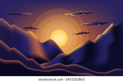 ilustración plana de un amanecer entre las hermosas montañas. Ilustración vectorial con color degradado. para tarjeta de Sitio web de fondo y Fondo de pantalla