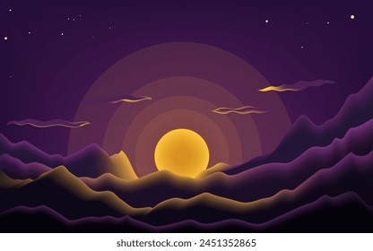 flat illustration of a sunrise between the beautiful mountains. vector illustration with gradient color. for background  website  card  and wallpaper