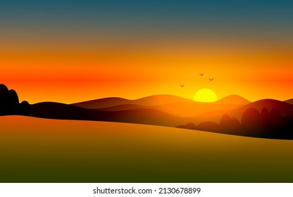 Flat illustration of sunrise or sunset with hills and meadow