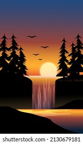 Flat illustration of sunset in forest with waterfall
