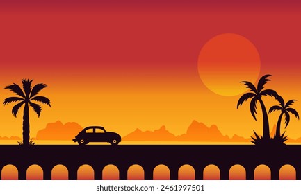 Flat illustration of a sunset view with a retro style car silhouette