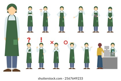 Flat illustration: Supermarket clerk front (green apron)