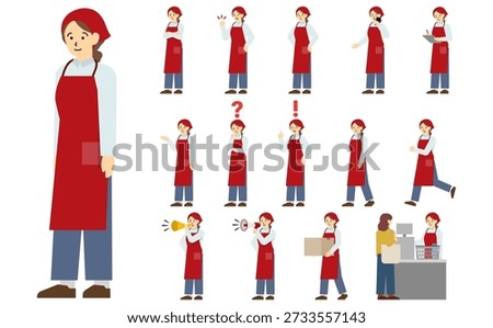 Flat illustration: Supermarket clerk set wearing a red apron (with facial expressions)
