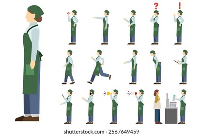 Flat illustration: Supermarket clerk side (green apron)