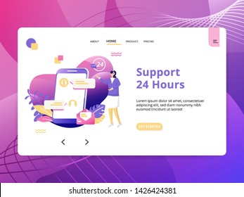 Flat Illustration Support 24 Hours , the concept of Help and Support, can be used for landing pages, web, ui, banners, templates, backgrounds, posters - Vector