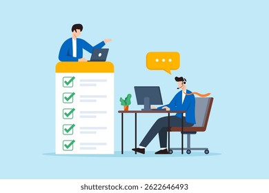 Flat illustration of support staff communicating checklist tasks to customer using headset and computer in remote service interaction