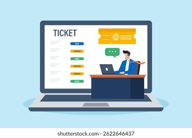 Flat illustration of support staff reviewing customer tickets with laptop and headset during online call in helpdesk service dashboard