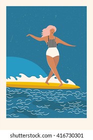 Flat illustration with surfer girl on a longboard rides a wave. Beach lifestyle poster in retro style. Art deco posters collection.