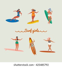 Flache Illustration mit Surfermädchen auf einem langen Brett, das eine Welle reitet. Lifestyle-Poster im Retro-Stil. Art-Deco-Kollektion.