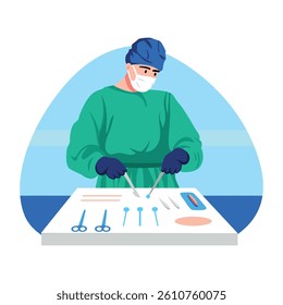 Flat illustration of a surgeon checking his tools