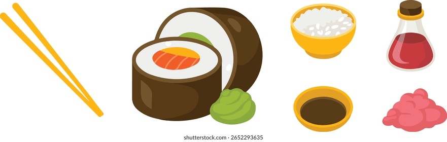Uma ilustração plana de uma refeição de sushi com pauzinhos, um rolo de sushi com salmão e abacate, uma tigela de arroz, molho de soja, wasabi e gengibre em conserva.