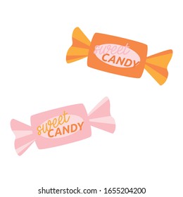 Flat illustration of sweet candies in wrappers isolated on white background. Vector sweets.