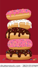 Flat illustration of sweet, stacked donuts with chocolate, strawberry, and vanilla frosting decorated with rainbow sprinkles.