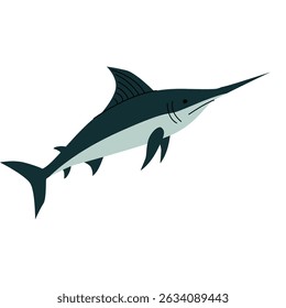 Flat illustration of a swordfish with a long pointed bill and sleek body. Simple ocean wildlife design, great for marine themes, educational materials, and underwater animal graphics. Vector