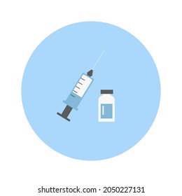 a flat illustration of a syringe and ampoule on a blue background in a circle. the concept of a vaccine, medicine. medical supplies for injection