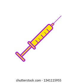 Flat illustration of a syringe, vector icon for web design in yellow-violet tones. Vector illustration