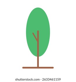 Flat Illustration of a Tall Oval Tree with Green Foliage and Slim Brown Trunk on White Background