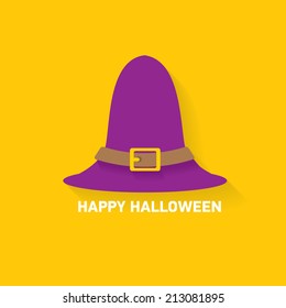 flat illustration of tall witch hat on abstract orange background. vector witch hat. Happy Halloween background