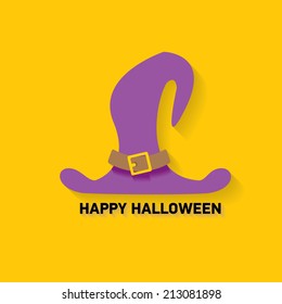 flat illustration of tall witch hat on abstract orange background. vector witch hat. Happy Halloween background
