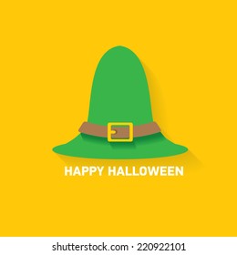 flat illustration of tall witch hat on abstract orange background. vector witch hat. Happy Halloween card design template