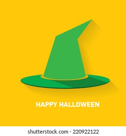 flat illustration of tall witch hat on abstract orange background. vector witch hat. Happy Halloween card design template