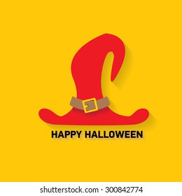 flat illustration of tall witch hat on abstract orange background. vector witch hat. Happy Halloween card design template