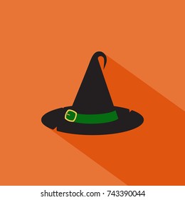 Flat illustration of tall witch hat on orange background